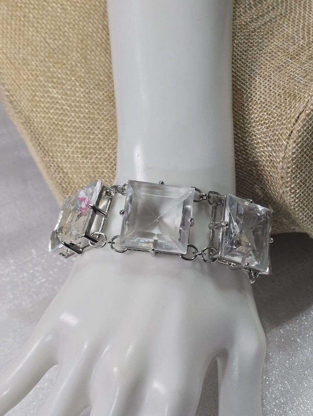 Chico's Clear Crystal Square Link Art Deco Style Chunky Bracelet
